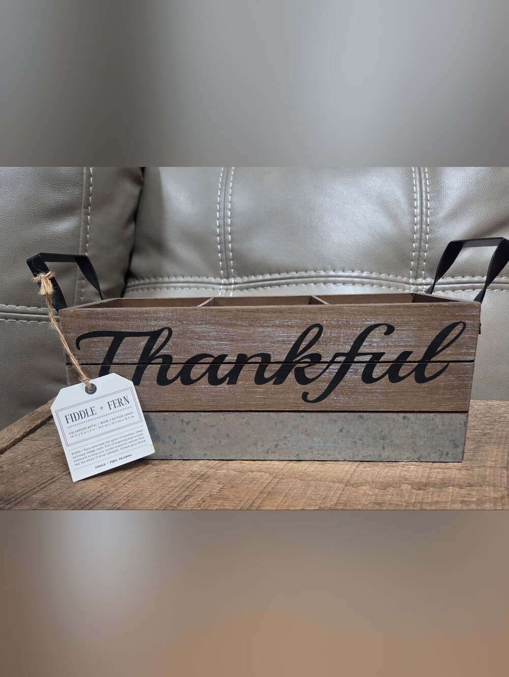 NWT Fiddle & Fern "Thankful" Divided Wood & Galvanized Metal Caddy Organizer B1J